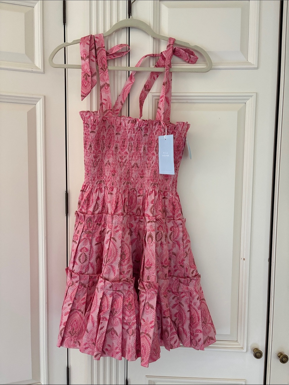 Hill House Pink Floral Tie-Strap Tiered Smocked Mini Dress